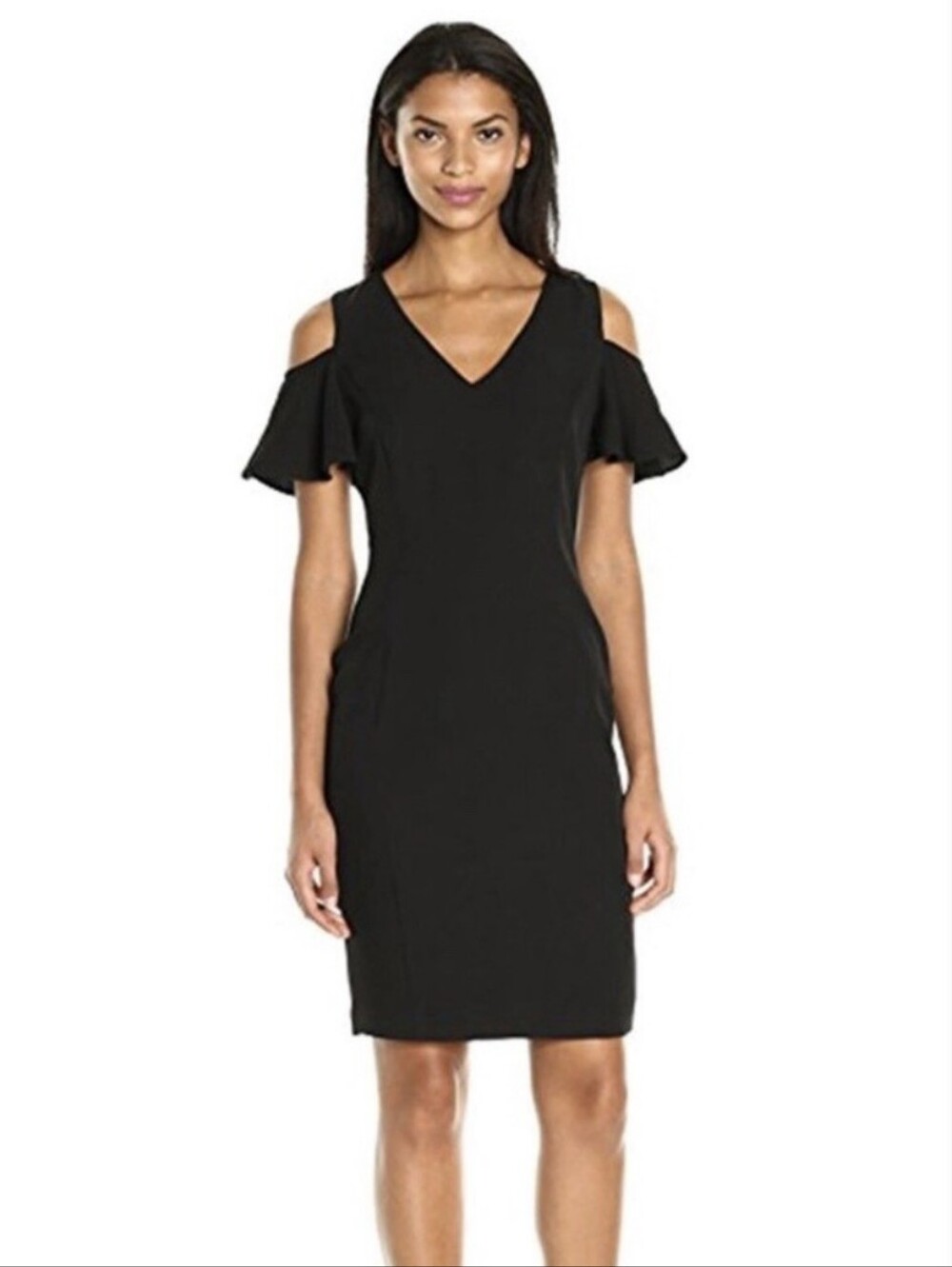 Calvin Klein Size 6 Black V-Neck Cold Shoulder Midi Classic Sheath Dress NWT